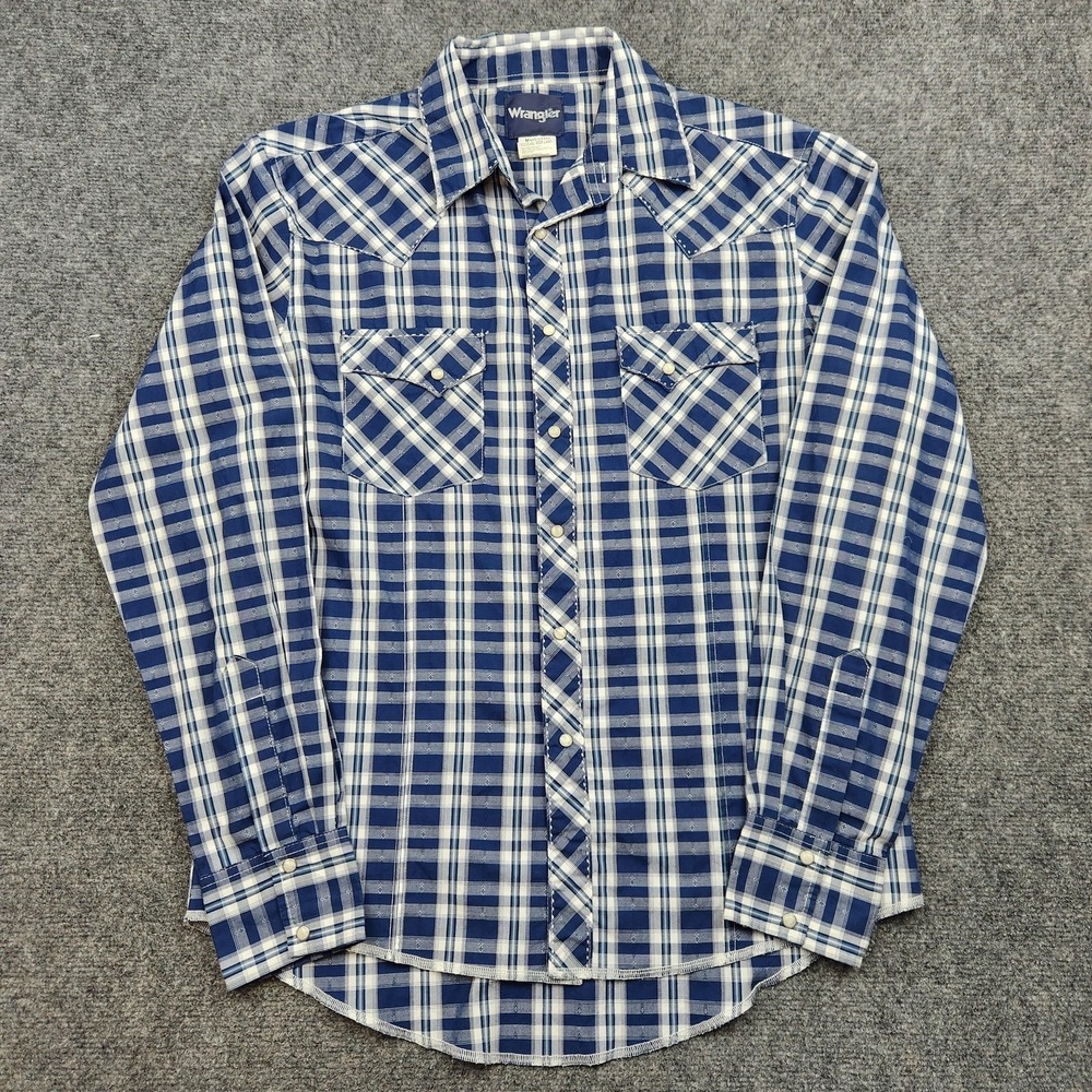 Wrangler‎ Western Shirt Mens Medium Blue Plaid Pearl Snap Long Sleeve Cowboy